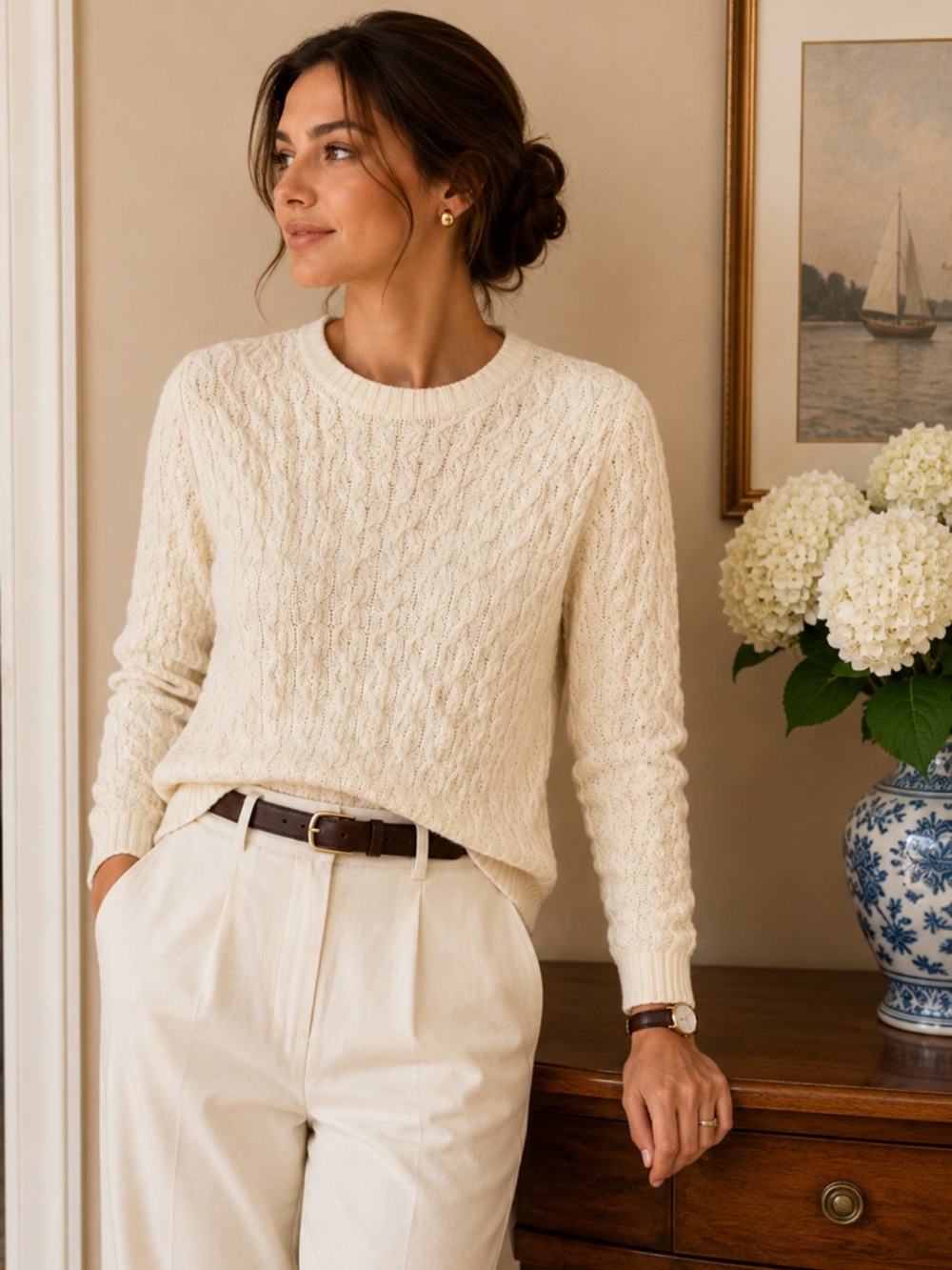 100% Cotton Jeanne Pierre Ivory Cable Knit Sweater Chunky Crewneck Size Large - Picture 1 of 5